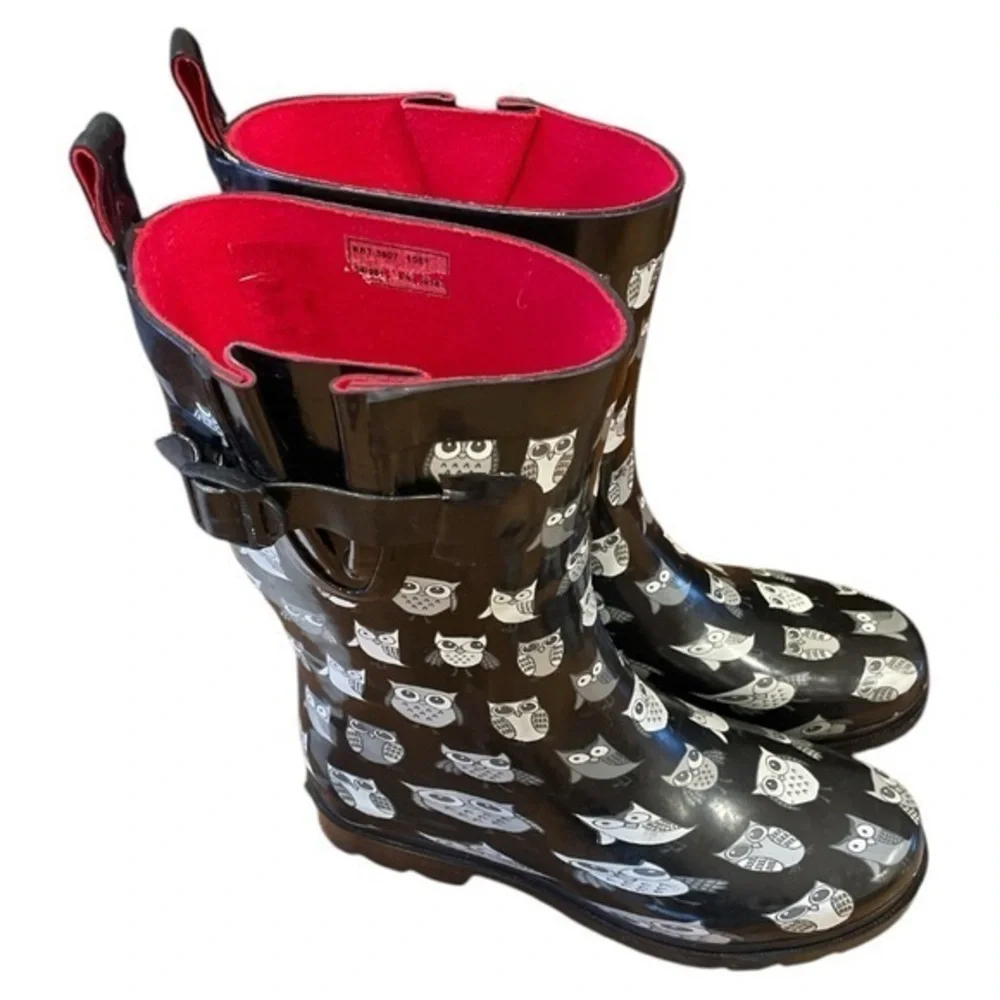 Capelli of New York Women’s Owl Graphic Rain‎ Boots Black White Sz 6 Whimsigoth